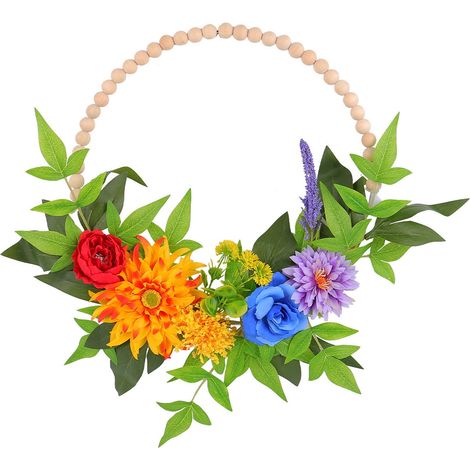 Guirlande Artificielle - Anneau En Fer Avec Fleurs Simulées En Perles De Bois - Décoration Porte Extérieure Intérieure - 1 Pièce (1/5)