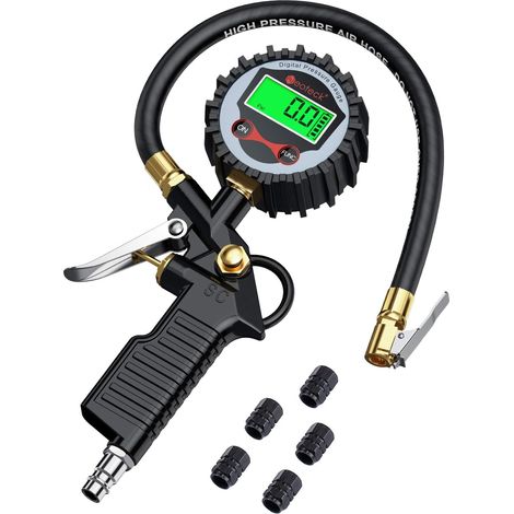 Manomètre Numérique Pour Pneus - 200 PSI - Écran LCD Rétroéclairé - Manomètre de Pression avec Tuyau Flexible 36,8 cm - Pour Voitures Motocyclettes Vélos - 1 Pièce (1/5)