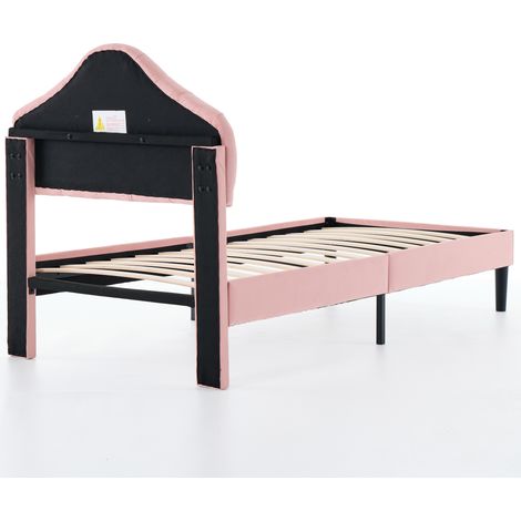 Lit plateforme rembourré taille Twin avec tête de lit réglable, lit simple en velours rose, support à lattes bois, sans sommier, montage facile, 90x200 cm, DE601090PK (1/5)