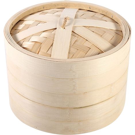 2 Tiers Panier Vapeur Bambou Naturel 22cm Cuiseur Riz Chinois avec Couvercle