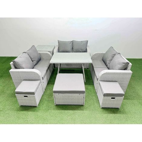 Fimous Rattan Garden Furniture Dining Set 9-seater Patio Rectangular Table Love Sofa Set with Side Table 3 Stools (1/4)