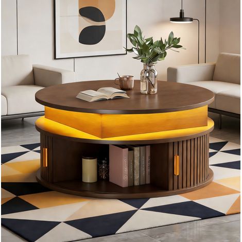 Couchtisch höhenverstellbar 75 x 75 x 52 cm mit LED und Stauraum, Walnuss OKMYHOME (1/5)