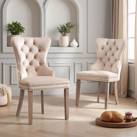 Esszimmerstuhl - Beige Samt - Retro-Design - Verstellbare Beine - Set mit 2 Stühlen