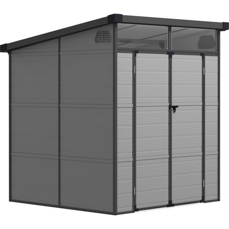 Abri de jardin  en plastique 3,24 m³ (190 x 191 x 215 cm) avec toit en pente, porte verrouillable, résistant aux intempéries, idéal pour le jardin ou les espaces extérieurs. Couleur : gris clair.