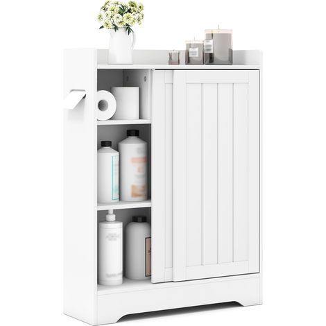 Mobiletto per bagno, mobiletto con 2 porta carta igienica, ante scorrevoli, porta scopino, ripiano regolabile, 20 x 60 x 80 cm, bianco (1/5)