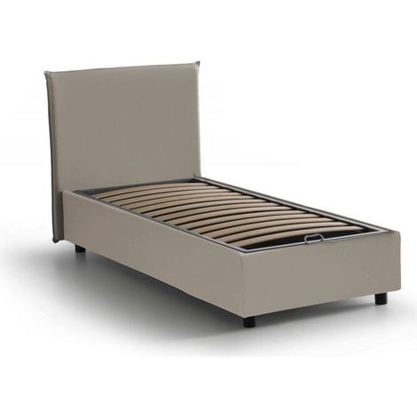 Talamo Italia Letto singolo Celestina, Letto contenitore con rivestimento in ecopelle, 100% Made in Italy, Apertura frontale, adatto per materasso Cm 90x190, Tortora, con imballo rinforzato