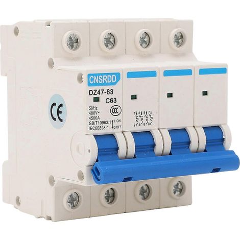 Disjoncteur miniature, 4 pôles, pouvoir de coupure de 4500 A, montage sur rail DIN, 400 V