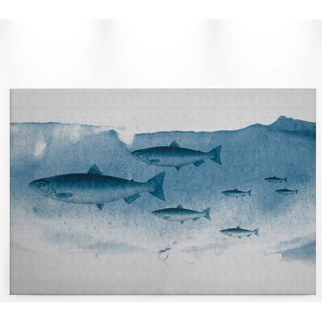Tableau mer avec poisson bleu & blanc | Tableau salle de bain animaux bleu | Tableau sur toile bord de mer pour couloir & salon - 0,9 x 0,6 m (1/5)