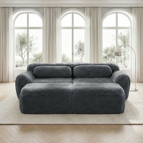 Canapé modulable nuage en tissu peluche gris, 2 places, avec 2 poufs, sans montage (1/5)