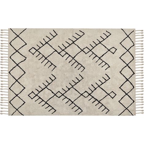 Alfombra de algodón beige claro negro 160 x 230 cm patrón geométrico borlas Erler