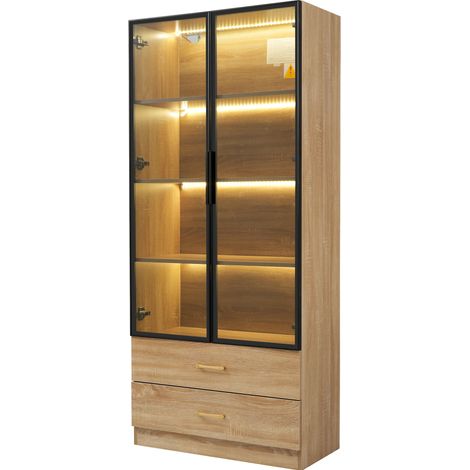 Hohes Badezimmermöbel 75 cm aus braunem MDF mit 2 Schubladen und 2 Türen aus gehärtetem Glas (1/5)