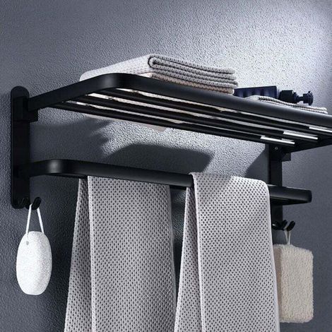 Porte Serviette Salle de Bain Pliable à 90°, Porte Serviettes Murale, Barre Porte-Serviettes sans perçage, Range Serviette à 2 Niveaux avec Etagere, Noir Mat 60cm (1/3)