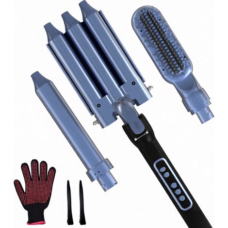 3-in-1 Lockenstab-Set: Lockenstab, Inverter, einstellbare Temperatur, LCD-Bildschirm, Haarstyling-Werkzeug mit Haarspange und Handschuhen.