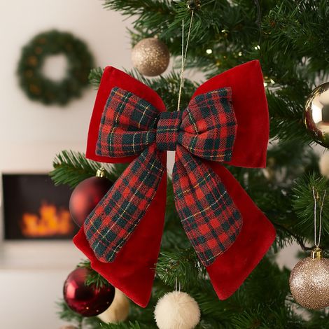Fiocco in poliestere in velluto con doppio fiocco scozzese per decorazioni natalizie -Verde (1/5)