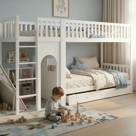 Etagenbett Kinderbett 90x200 cm mit Rausfallschutz und vierstufiger Leiter, stabiles Doppelstockbett aus Kiefernholz FSC-zertifiziert, Weiß (1/5)