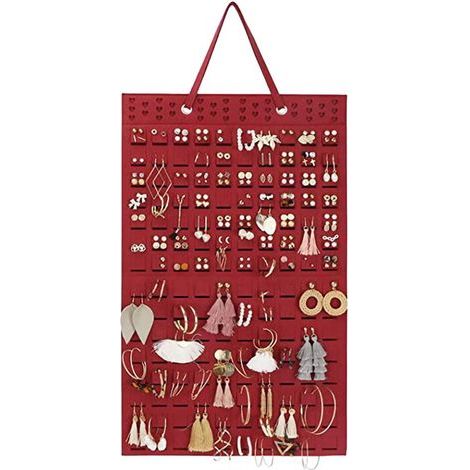 Rangement pour bijoux - Présentoir à boucles d'oreilles - Pochette suspendue en feutre - Organisateur suspendu - Rangement pour boucles d'oreilles, bracelets et colliers - 57 x 35 cm - Rouge (1/5)