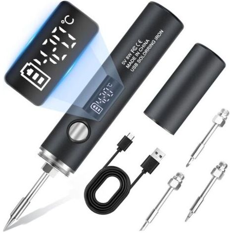 Kit Fer à Souder Rechargeable USB avec Écran LCD, 5 Températures Réglables de 260°C à 450°C, Mode Éclairage, Noir (1/4)