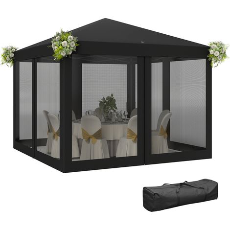 Outsunny 3 x 3 m Pop Up Gazebo, 420D Garden Tent Canopy with Removable Mesh Sidewall Netting, Carry Bag for Garden Patio Outdoor, Black
