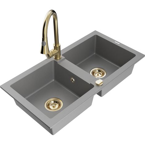 Mexen Mario lavello in granito a 2 vasche con rubinetto da cucina Elia, grigio - 6504-71-670101-50 (1/5)