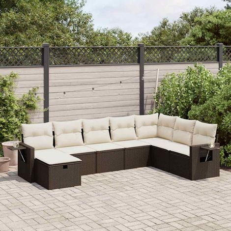 Salon de jardin 8 places en résine tressée marron avec table, repose-pieds et coussins crème lavables (1/4)
