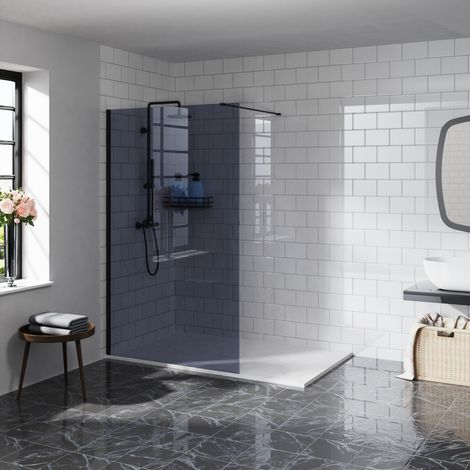 Aquariss Walkin Shower Enclosure 8mm Easy Clean Glass Shower Screen Panel with Stainless Steel Support Bar Black Frame Grey Glass - 1000mm (1/5)