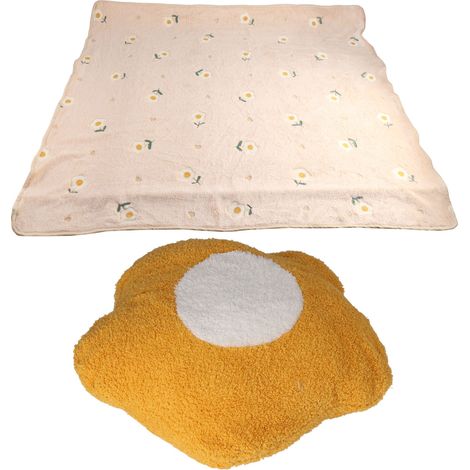 Ensemble 2-en-1 Coussin et Plaid Fleurs Jaunes à Cœur Blanc, Doux et Portable, Idéal pour Siestes, Salon, Chambre et Voyage (1/5)