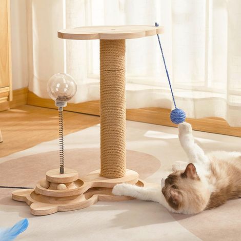 Colonne à chat 4 en 1 en bois - Corde en sisal - Jouet pour chat avec balle suspendue, balle à friandises, plateau tournant - Boule d'alimentation - Jouet intelligent pour chats d'appartement (1/5)