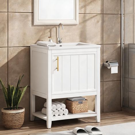 Vasque en céramique blanche sur meuble MDF avec rangement en MDF (1/5)