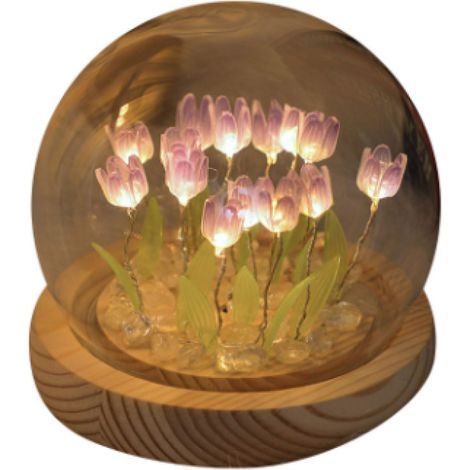 Lampe De Nuit En Verre - Couverture En Verre Avec Tulipes - Base En Bois - Lumière Douce Pour Chambre D'Enfant Ou Salon - 10 cm - 3 Piles AA (1/5)