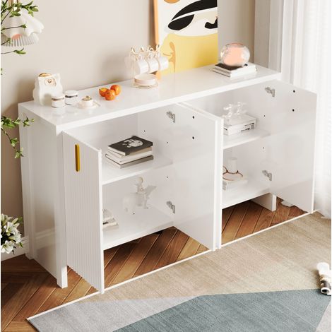 Buffet 140x38x80 cm bianco in pannello truciolare con ante a rilievo e ripiani regolabili (1/5)