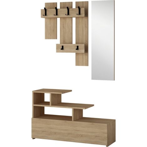 Mueble de entrada efecto madera con perchero, espacio de almacenamiento y espejo MESTY (1/2)