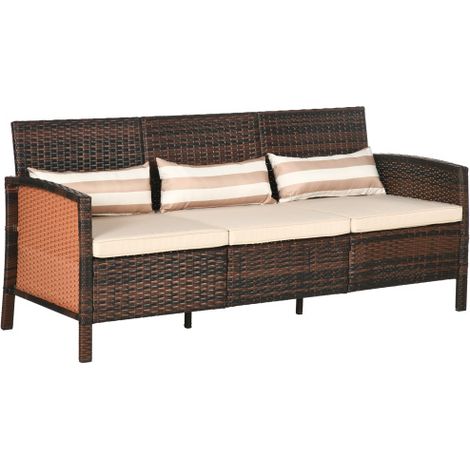 Canapé de jardin en rotin marron, trois places avec coussins, structure en acier, 173 x 68 x 78 cm, idéal pour terrasse et jardin. Disponible sur place. (1/5)