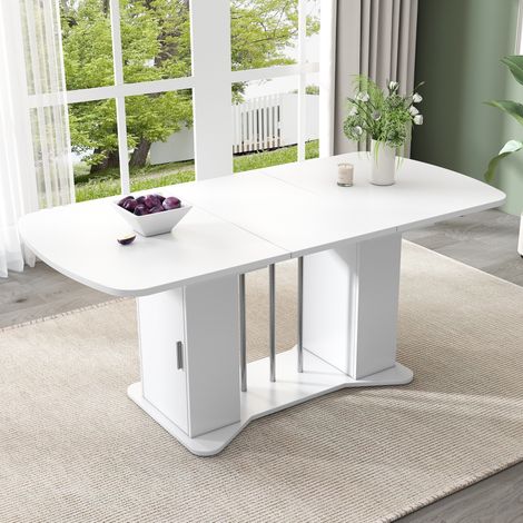 Mesa de comedor extensible 120/160x80x75 cm blanca en MDF con patas plateadas y almacenaje (1/5)