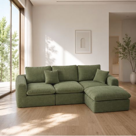 Sofá modular 3 en 1, convertible en L, recto o cama temporal, tejido de pana verde, espuma y muelles (1/5)