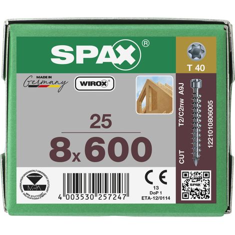 Spax S Zylinderkopf 8 x 600 T-STAR PLUS T40 VOLLGEWINDE 25 Stk
