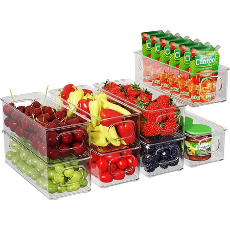Lot de 8 Boîtes de Rangement Frigo Transparent, Boîte de Conservation des Aliments avec Poignées, Bacs de Rangement Convient pour Le Congélateur, Réfrigérateur, Cuisine, Salle de Bain