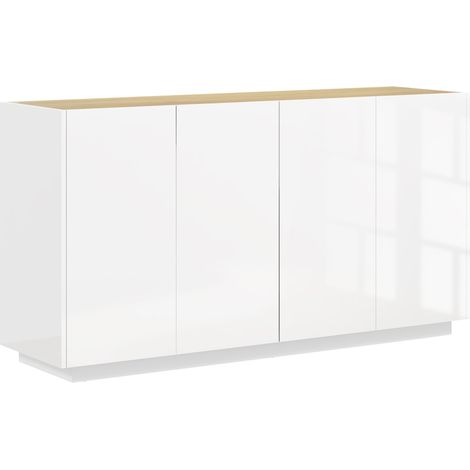 Buffet design moderne à 2 portes blanches brillantes, fermeture amortie, étagères réglables, 140x40x75 cm