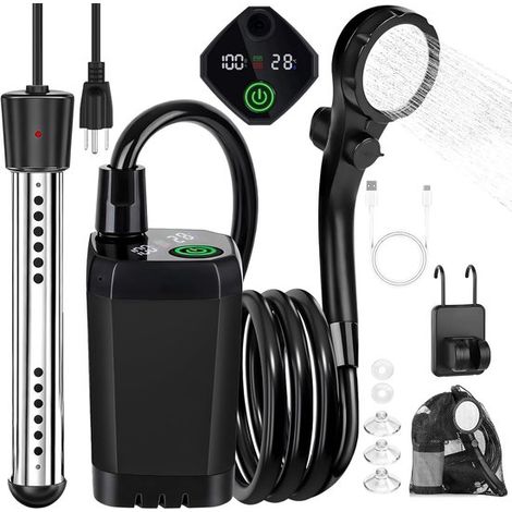 Douche de camping portable chauffante - Douche de camping - Douche extérieure - Douche rechargeable 6000 mAh - Avec affichage LED - Sac de transport inclus - Pour chiens, voiture et camping-car - Noir (1/5)