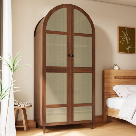 Armoire de Chambre en Rotin 180 cm, Garde-Robe Porte Arche avec Tringle et Tiroir, Penderie Style Bohème Chic (1/5)