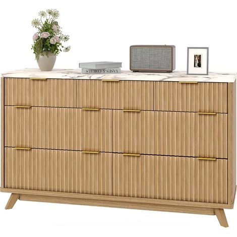 Commode moderne en bois à 7 tiroirs cannelés, design courbé élégant, grande capacité de rangement, meuble pour chambre, salon et chambre d’enfant, couleur chêne (1/5)