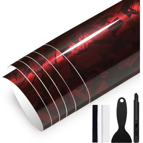 Pellicola autoadesiva in fibra di carbonio forgiata rosso lucido, 30 cm x 150 cm, antigraffio, per interni ed esterni di auto e moto. (1/5)
