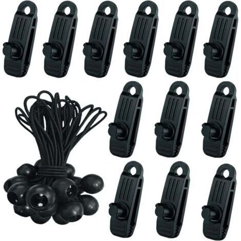 24 Pcs Clip de Tente Bâche avec 12x Pince pour bache et 12x Tendeur Corde Elastique, Pince a oeillet pour bache Camping Accessoires pour Tentes, bache Piscine, Bâches, Auvents, Gazebos Tente- (1/5)
