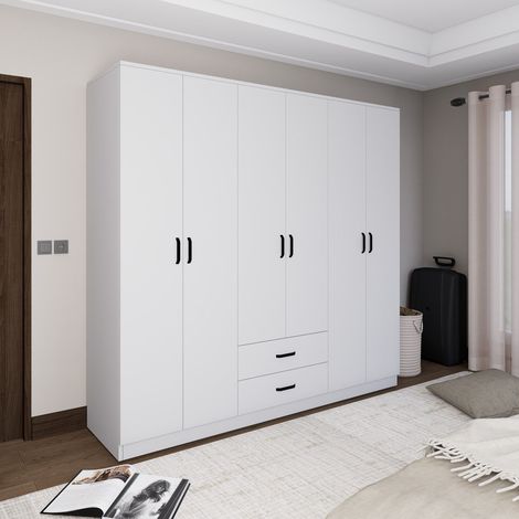 Großer Kleiderschrank Copiano, Schlafzimmer Schrank 6 Einlegeböden, Kleiderstange, 2 Schubladen, 180x190h cm Weiß (1/5)