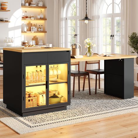 Îlot de cuisine extensible 122-194,5x70x94 cm pour 2 à 6 personnes avec 2 tiroirs, vitrines, étagère snack, desserte, éclairage LED - Noir (1/5)