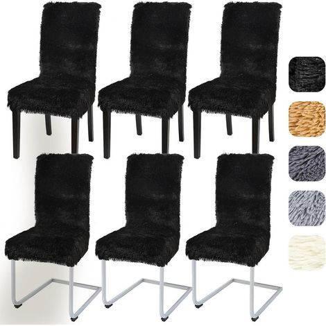 Hochflor Stuhlhussen 6er Set, Universal Stretch, Plüsch, Waschbar, Schwarz (1/5)