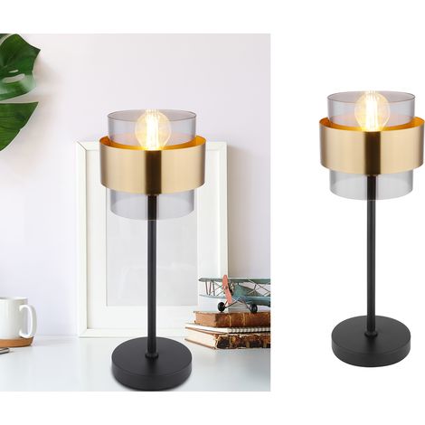 LED Tischleuchte mit Rauchglas Lampenschirm, Messingring, Höhe 47cm (1/5)