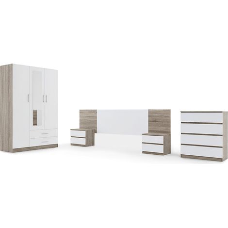 Dormitorio Completo: Armario 3 Puertas + Comoda + 2 Mesitas de Noche + Cabecero, Blanco