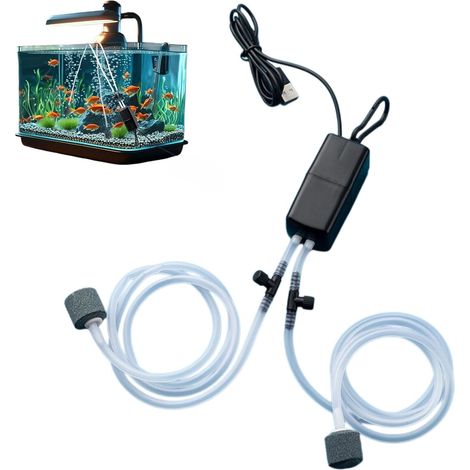 USB Aquarium Air Pump,Aquarium Adjustable Air Pump Twin Valve,Silent Oxygen Pump for Aquarium,Mini USB Ultra Silent Fish Tank Oxygen Air Pump with Air Stone and Double Silicone Tube (1/5)