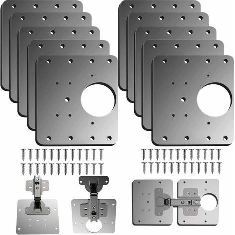 10 Pieces Cabinet Door Hinge Repair Plate, Kitchen Cabinet Door Hinge Repair Plate with Hole, Stainless Steel Flat Mounting Brackets with Screws (1/4)