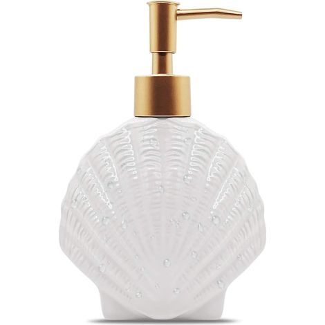 Distributeur de savon en forme de coquillage, flacon de lotion en céramique blanche avec pompe dorée mate, décoration pour salle de bain et cuisine. (1/5)